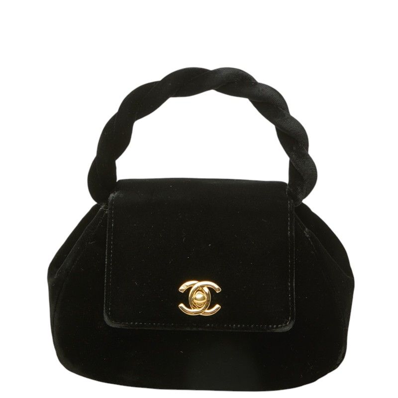Chanel CC Logo Twist Handle Mini Handbag Top Black Gold Velour