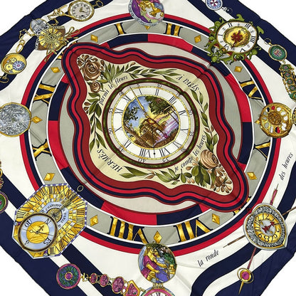 Hermes Scarf Carre 90 White Navy Red Parmi les Fleurs Je Compte les Heures Silk