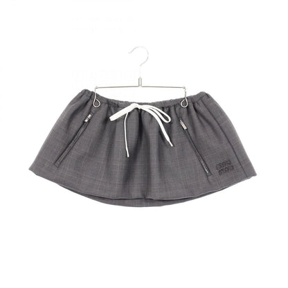 Miu Miu Skirt Drawstring Check Mini Gray Wool