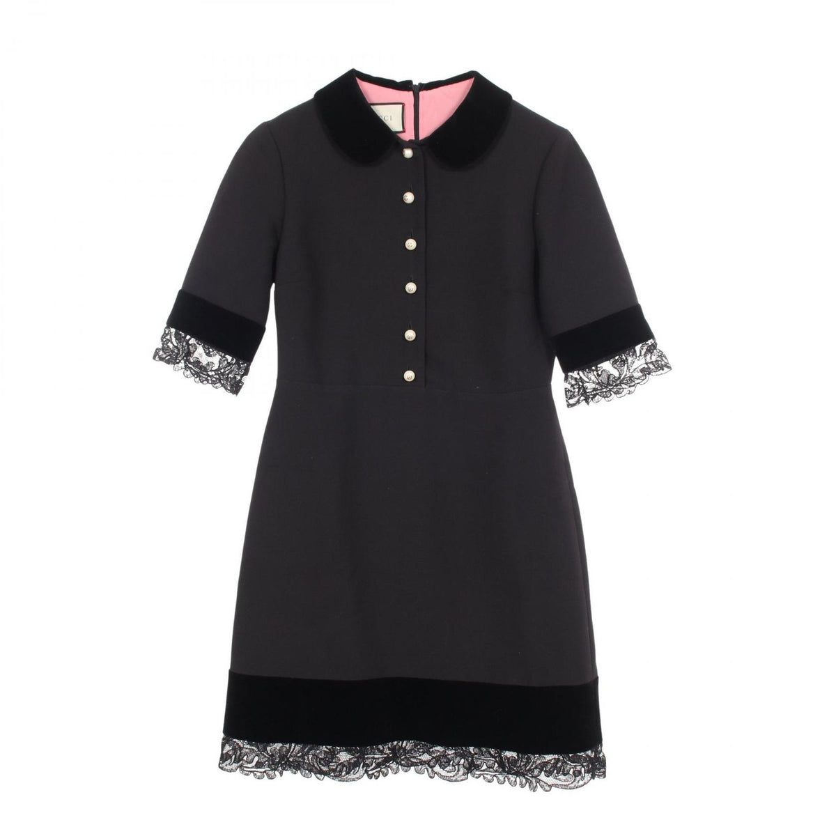 Gucci Dress Interlocking G Pearl Button Velour Lace Silk Wool