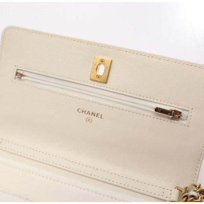 Chanel Shoulder Bag Quilted White Caviar Leather Chain Wallet — view 6