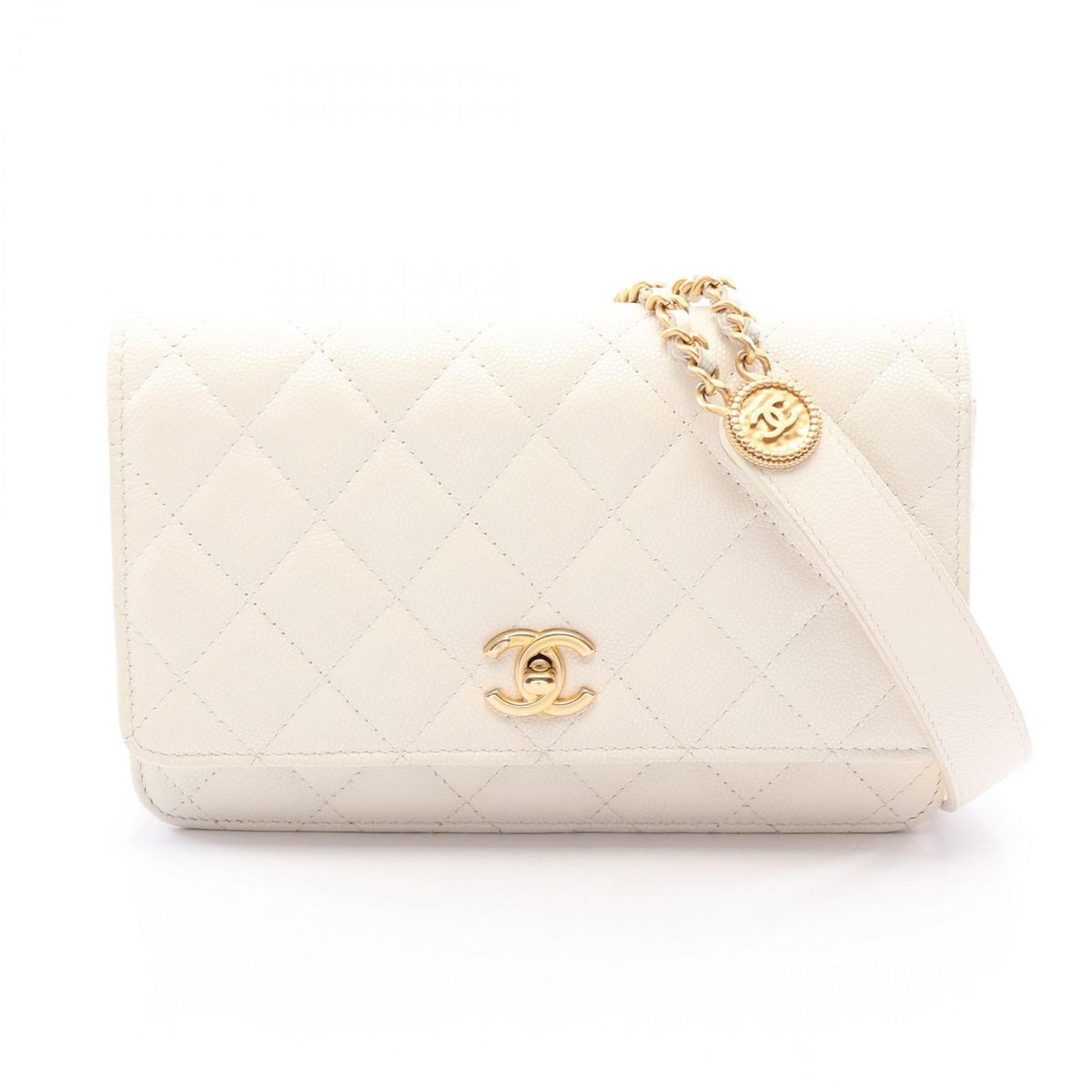 Chanel Shoulder Bag Quilted White Caviar Leather Chain Wallet