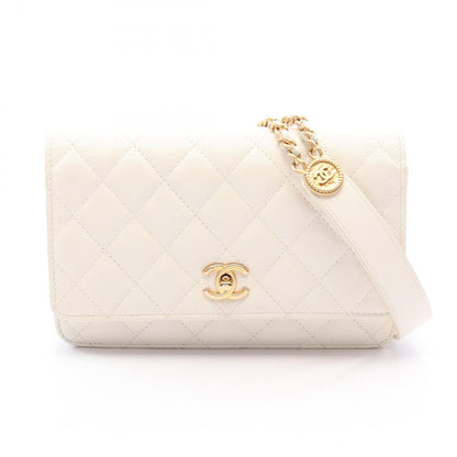 Chanel Shoulder Bag Quilted White Caviar Leather Chain Wallet