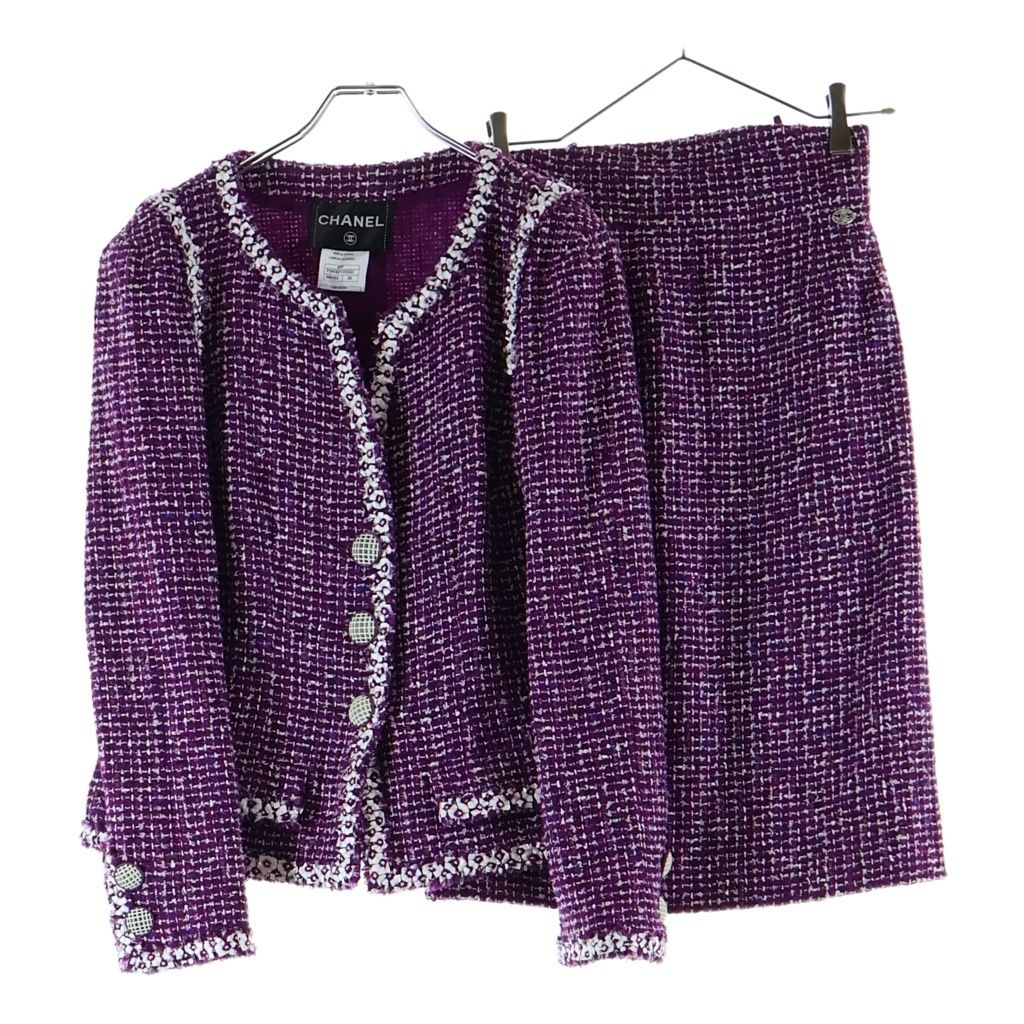 Chanel Collarless Jacket Skirt Set 09P Tweed Purple