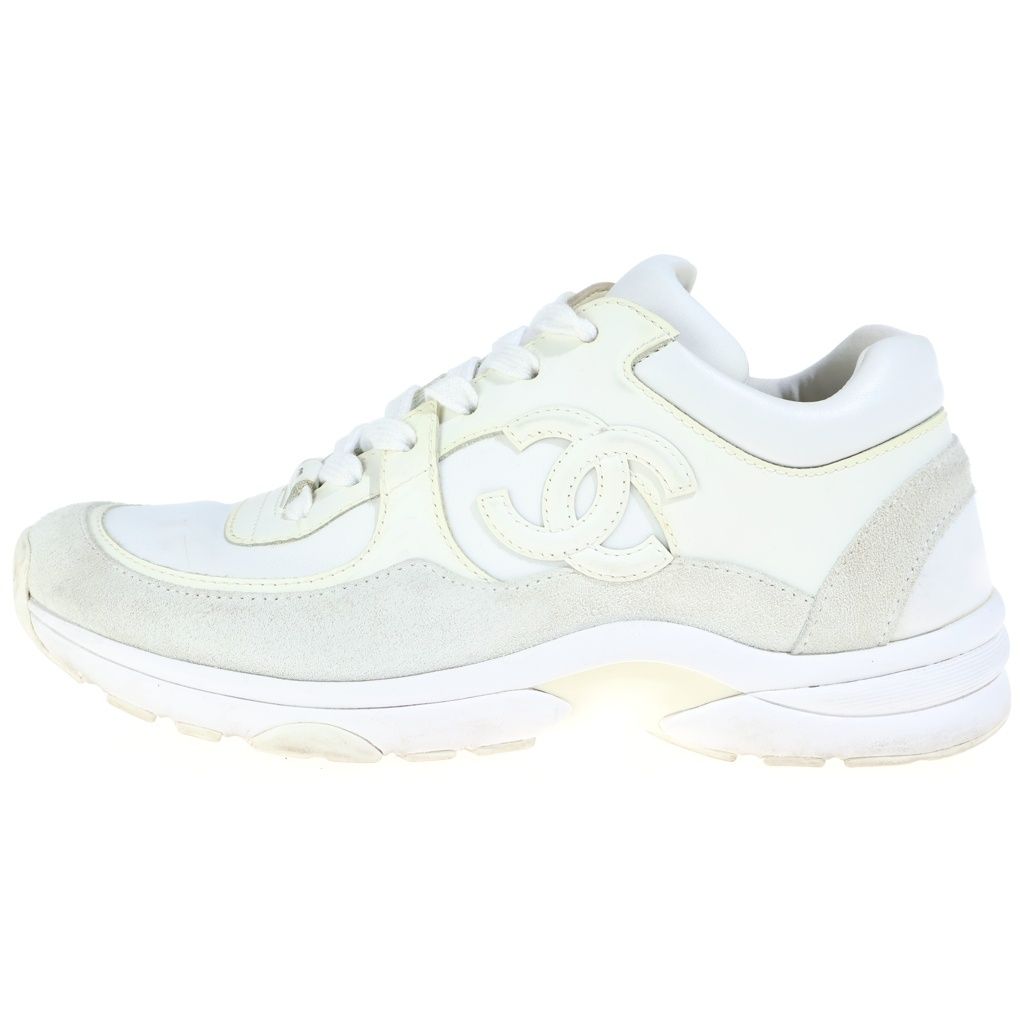 Chanel CC Logo Leather Nylon Sneakers White