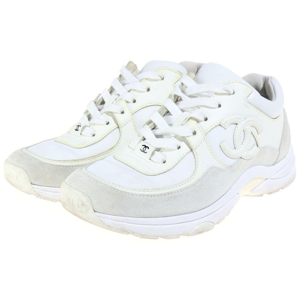 Chanel CC Logo Leather Nylon Sneakers White — view 2