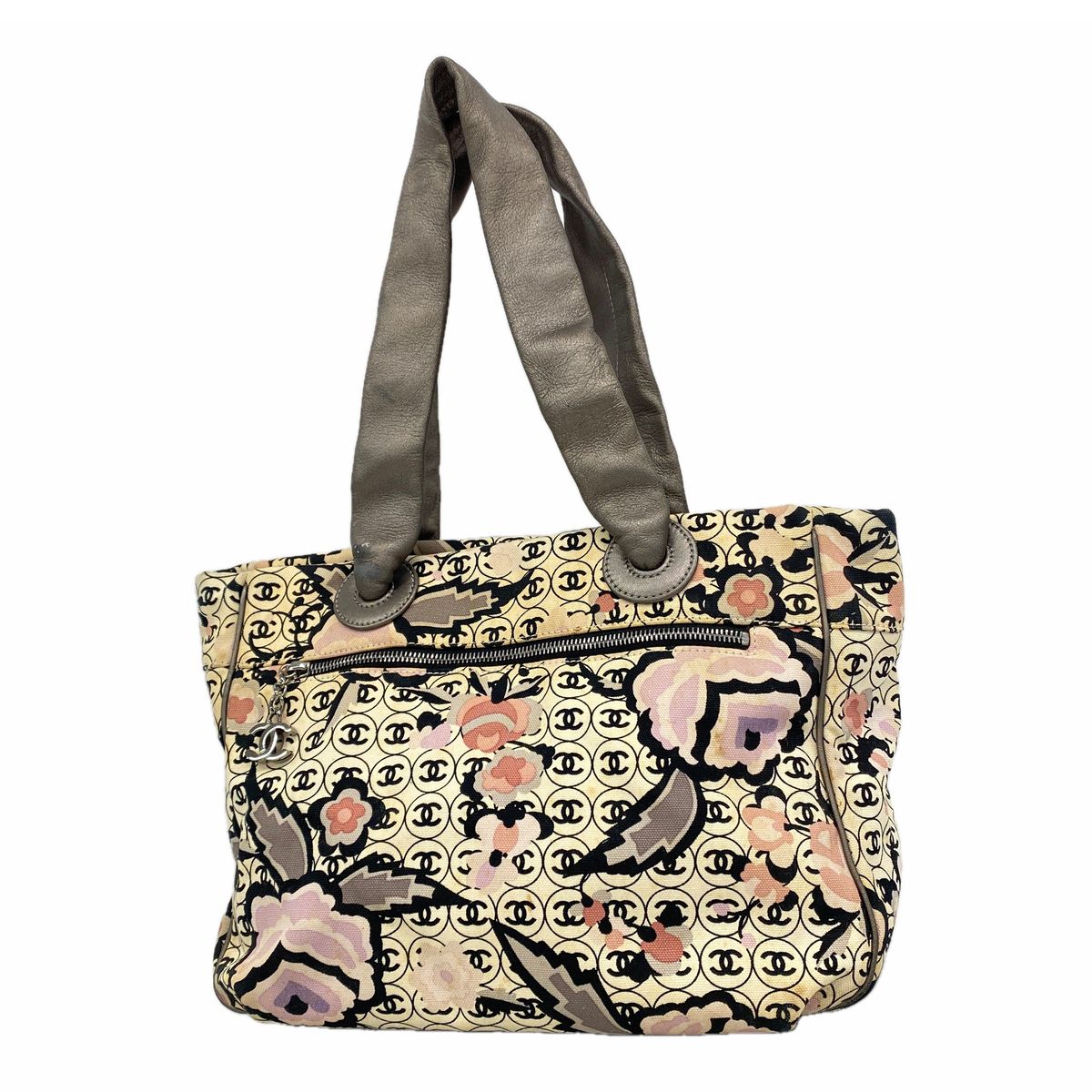 Chanel Tote Bag Camellia Canvas Gray Multicolor Silver