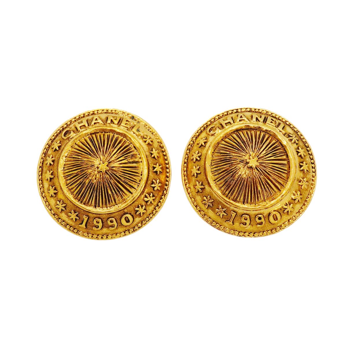 Chanel Earrings Vintage Logo Round Circle Gold Plated