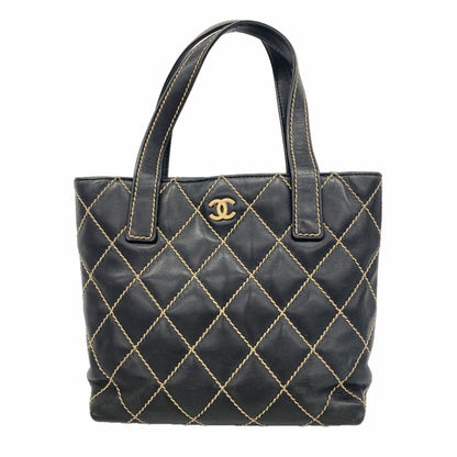 Chanel Tote Bag Wild Stitch Leather Black Gold