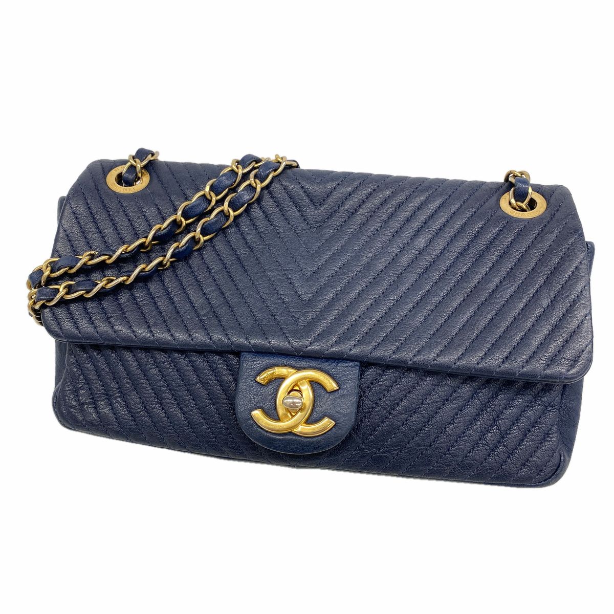 Chanel Shoulder Bag Chevron Leather Navy Gold