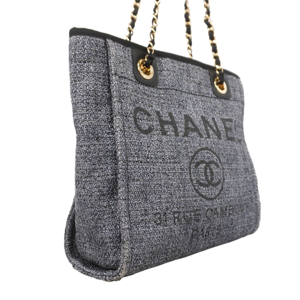 Chanel Chain Tote Bag Deauville Raffia Gray Champagne Gold — view 2