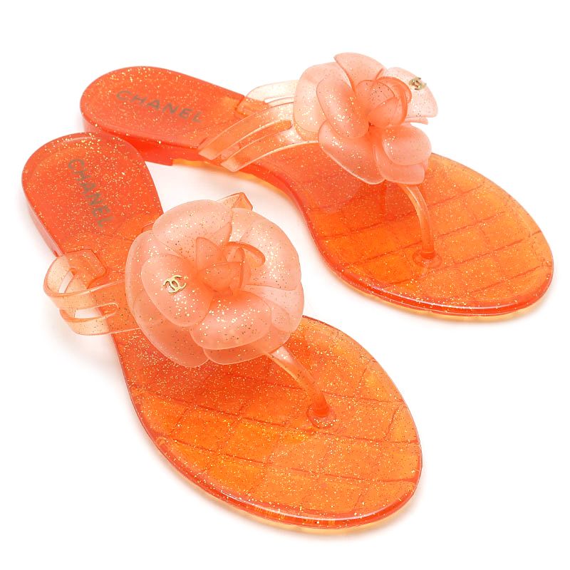 Chanel Camellia Beach Sandals Glitter Orange
