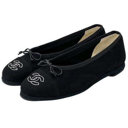 Chanel Pumps CC Logo Canvas Ballet Shoes Black White Flat Ribbon