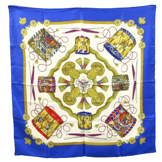 Hermes Carre 90 les Tambour Drum Blue Silk Scarf