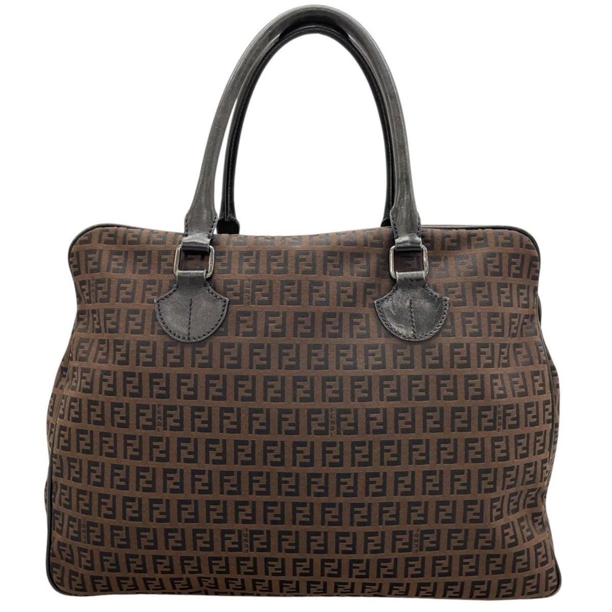 Fendi Zucchino Leather Canvas Brown Black Handbag Silver
