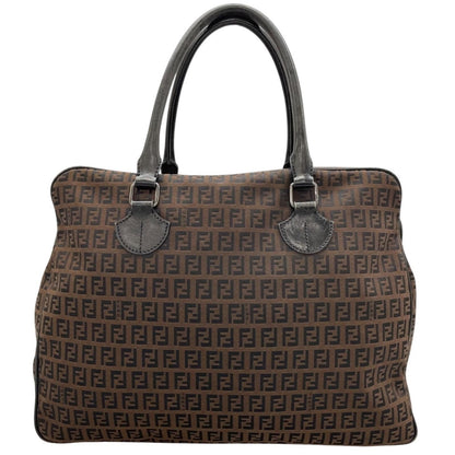 Fendi Zucchino Leather Canvas Brown Black Handbag Silver
