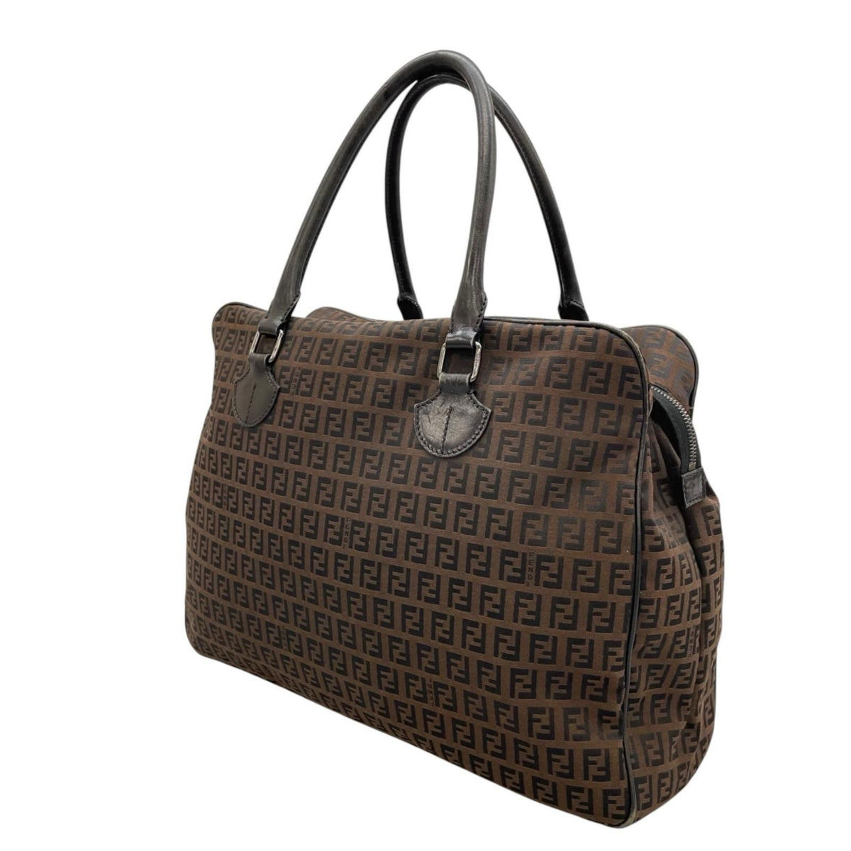 Fendi Zucchino Leather Canvas Brown Black Handbag Silver — view 4