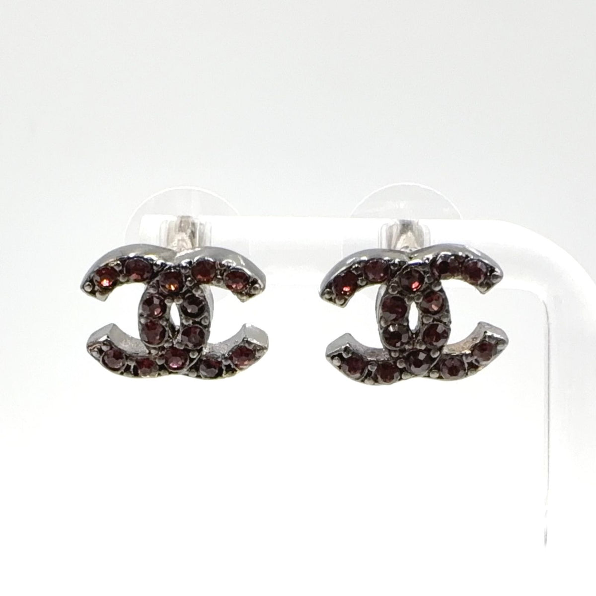 Chanel CC Logo Metal Rhinestone Black Red Earrings Silver
