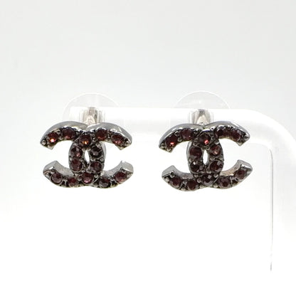 Chanel CC Logo Metal Rhinestone Black Red Earrings Silver