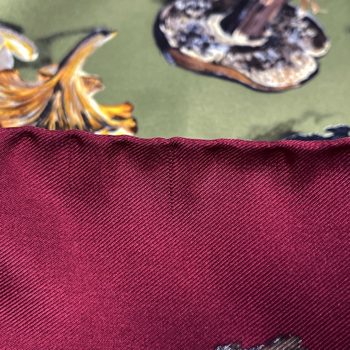 Hermes Carre 90 Champignons Scarf Chien Pinion Mushroom Pattern Silk Green — view 3