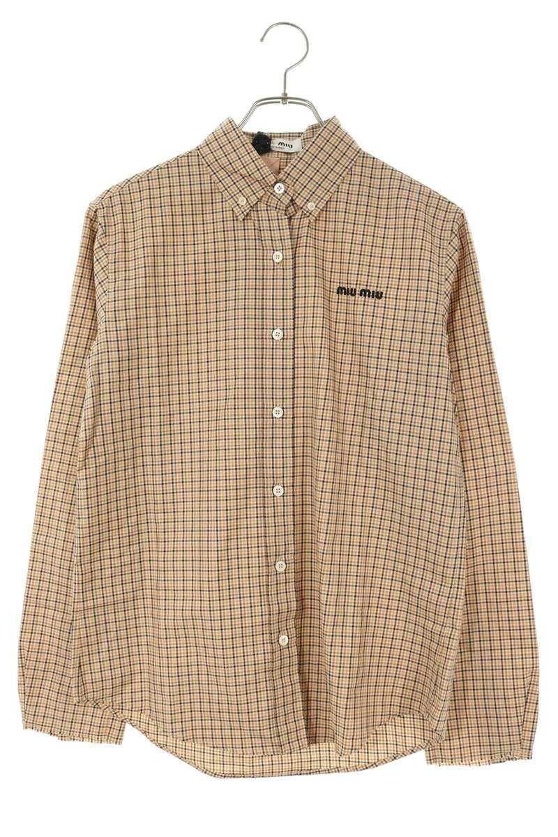 Miu Miu Logo Embroidery Check Long Sleeve Shirt 38
