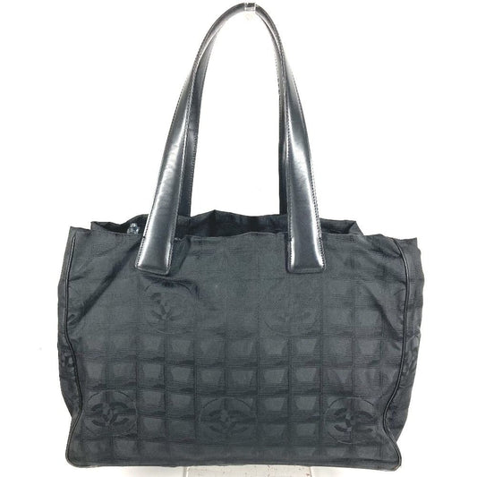 Chanel Tote Bag New Travel Line MM CC Logo Leather Nylon Black