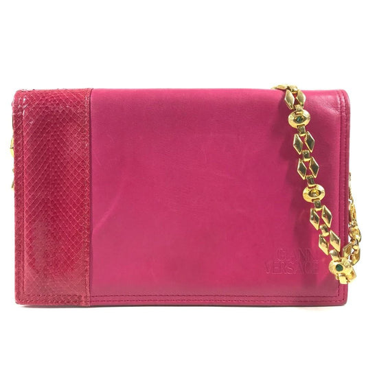 Versace Shoulder Bag Logo Flap Chain Rhinestone Bijou Leather Pink