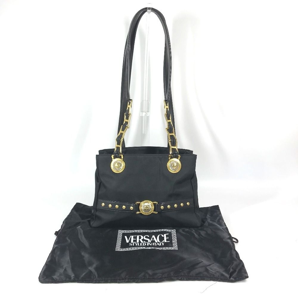 Versace Shoulder Bag Logo Sunburst Chain Vintage Nylon Leather Black — view 5