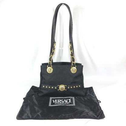 Versace Shoulder Bag Logo Sunburst Chain Vintage Nylon Leather Black — view 5