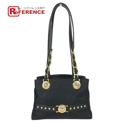 Versace Shoulder Bag Logo Sunburst Chain Vintage Nylon Leather Black