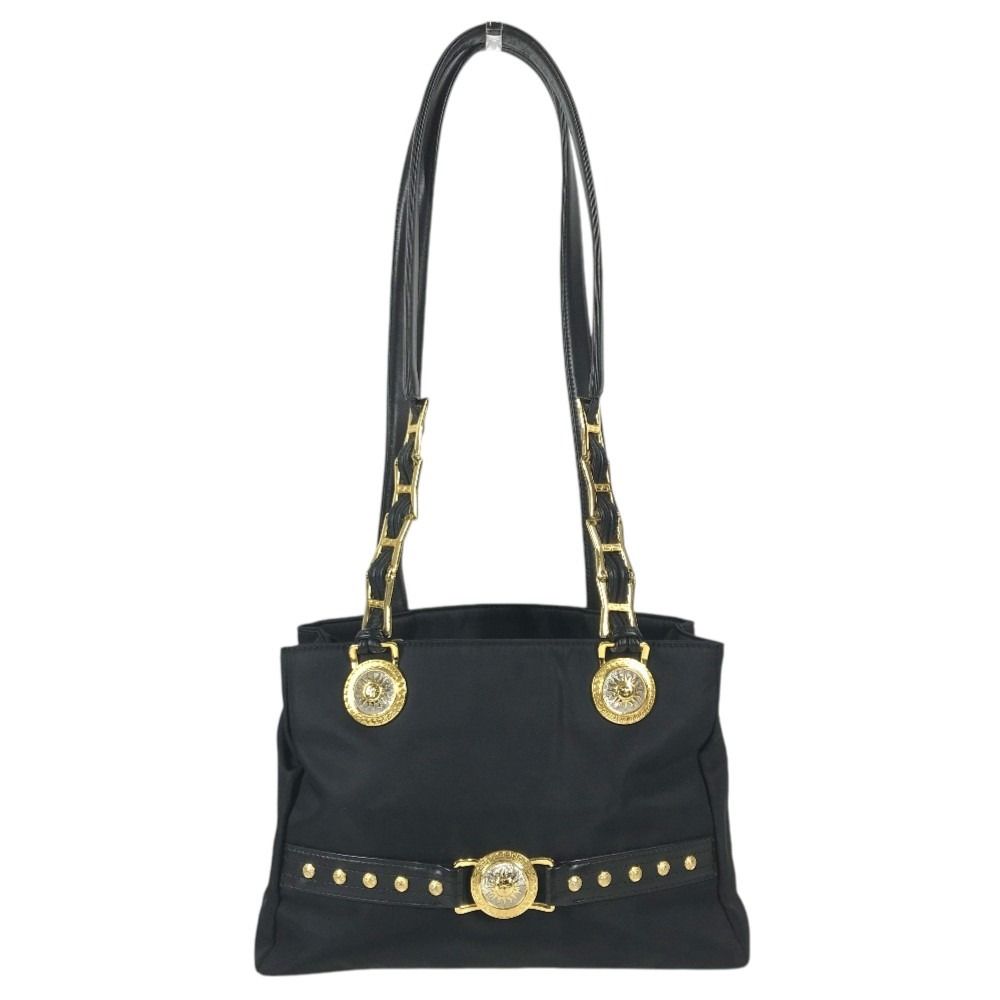 Versace Shoulder Bag Logo Sunburst Chain Vintage Nylon Leather Black — view 2
