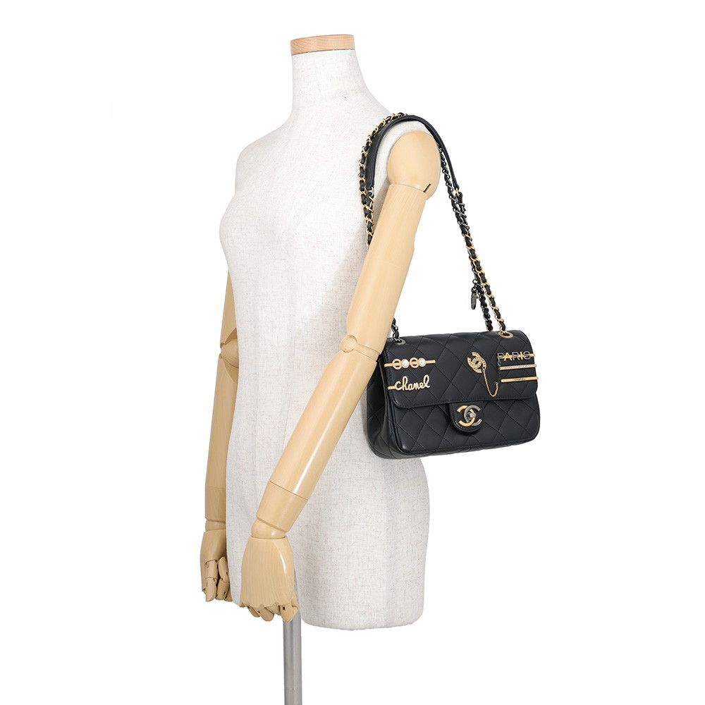 Chanel Chain Shoulder Bag Quilted Charm Single Flap Lambskin Black — view 4