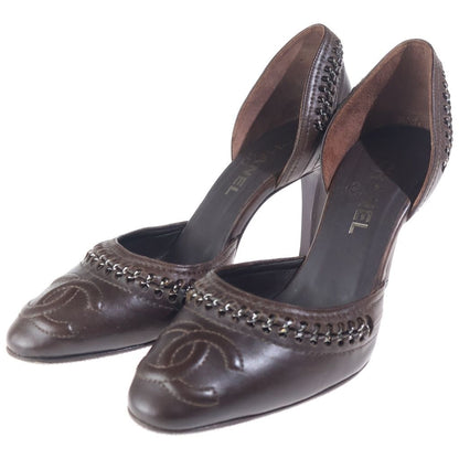 Chanel CC Logo Pumps Heels Chain Leather Brown