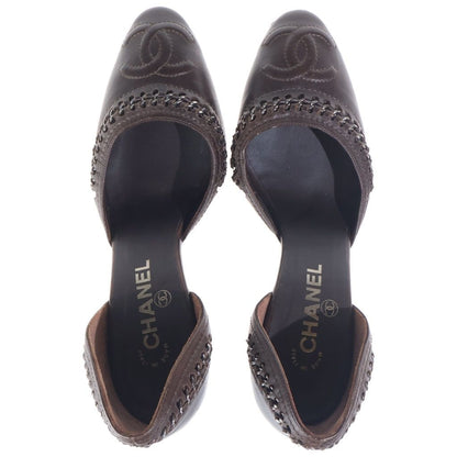 Chanel CC Logo Pumps Heels Chain Leather Brown — view 4