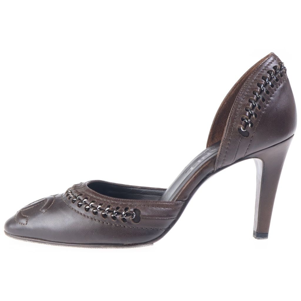 Chanel CC Logo Pumps Heels Chain Leather Brown — view 2