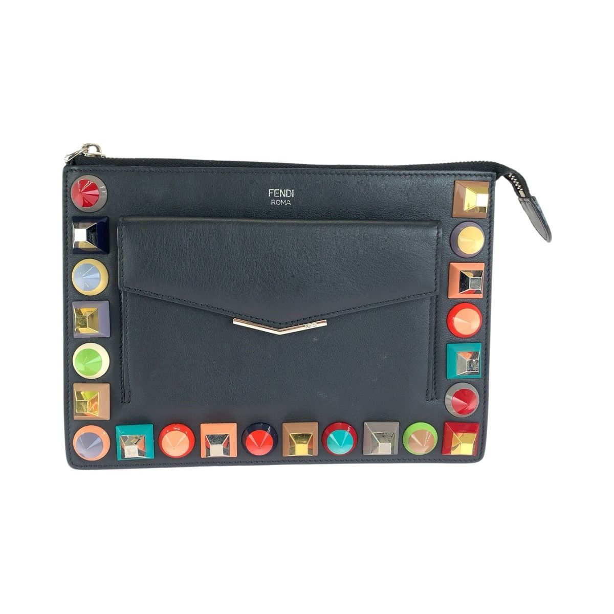 Fendi Toujours Black Silver Leather Clutch