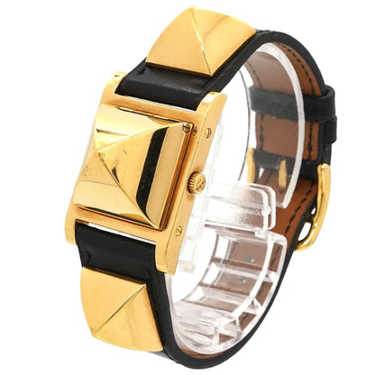 Hermes Medor Vintage Watch Pyramid Gold Studs White Black Quartz — view 2