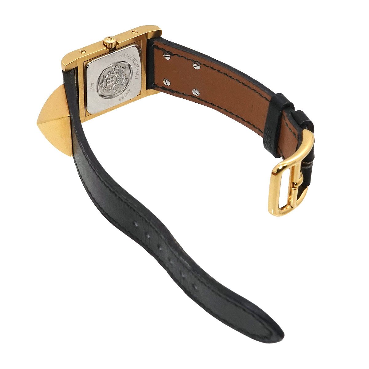 Hermes Medor Vintage Watch Pyramid Gold Studs White Black Quartz — view 4
