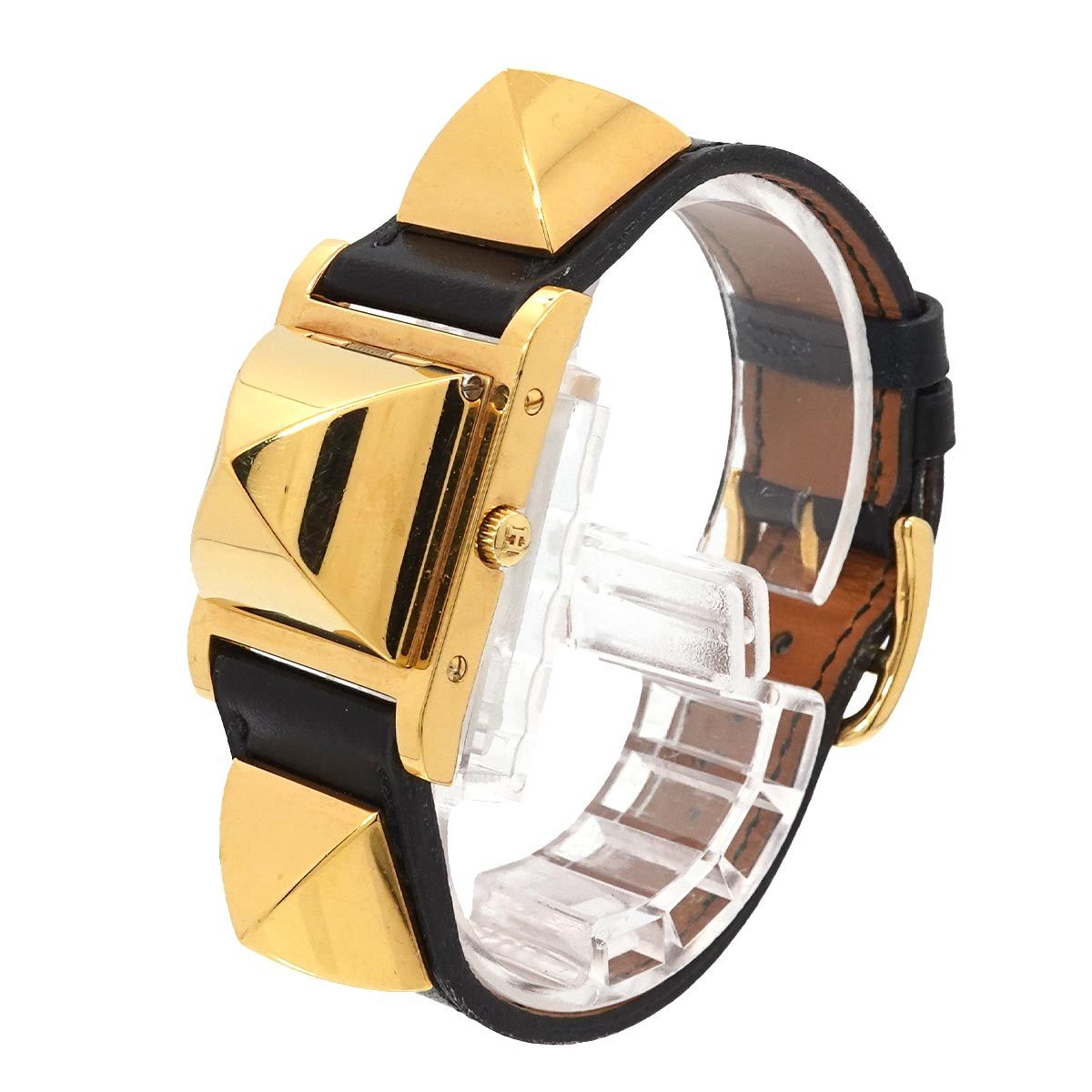 Hermes Medor Vintage Watch Pyramid Gold Studs White Black Quartz — view 2