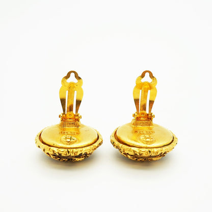 Chanel Earrings Vintage CC Logo Round Circle Lava Motif Gold Plated Black — view 6