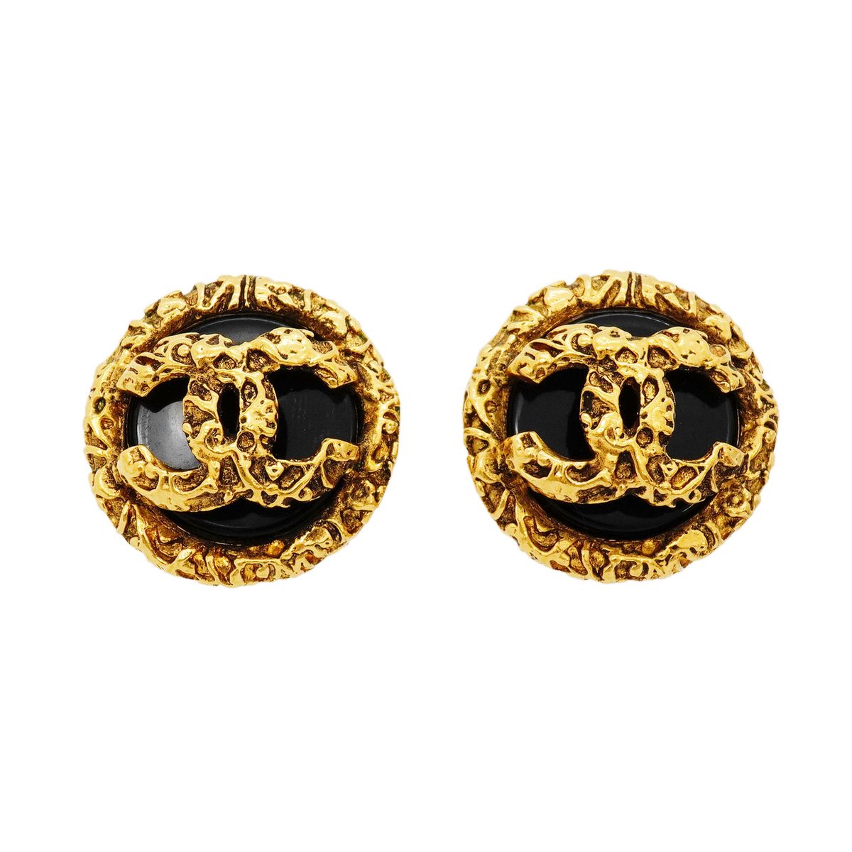 Chanel Earrings Vintage CC Logo Round Circle Lava Motif Gold Plated Black