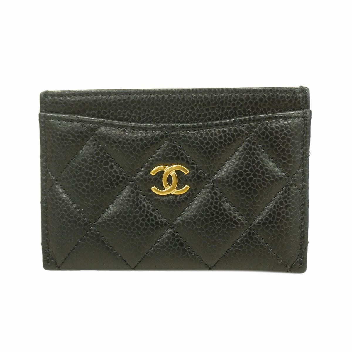 Chanel Card Case Quilted Caviar Leather Black Gold