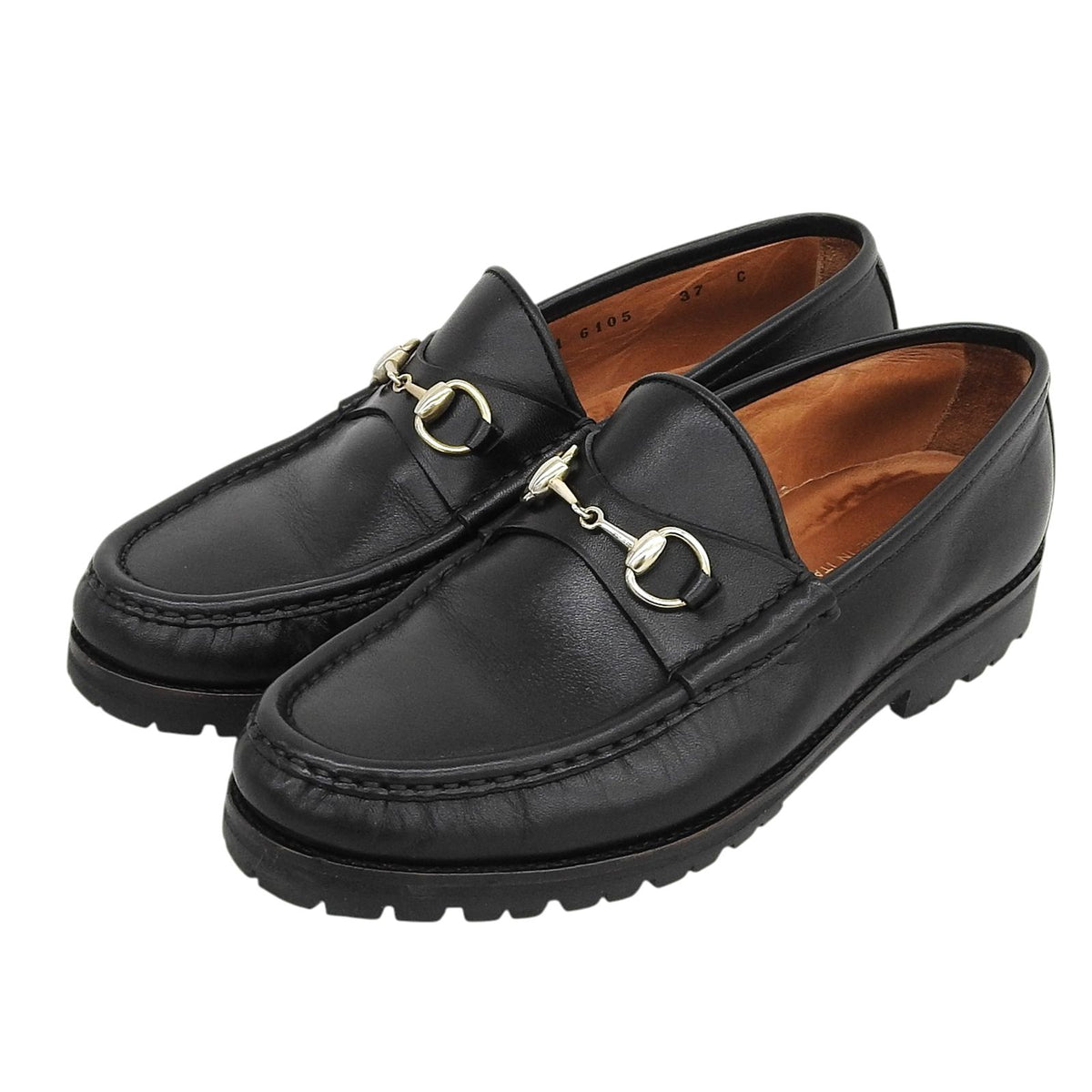Gucci Review Horsebit Lug Sole Leather Loafers Black Gold