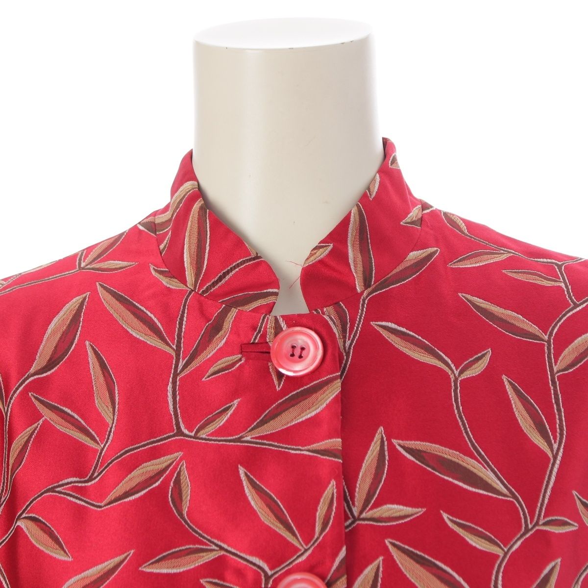 Prada Chinoiserie Jacquard Botanical Mandarin Collar Long Coat Red Multicolor — view 5