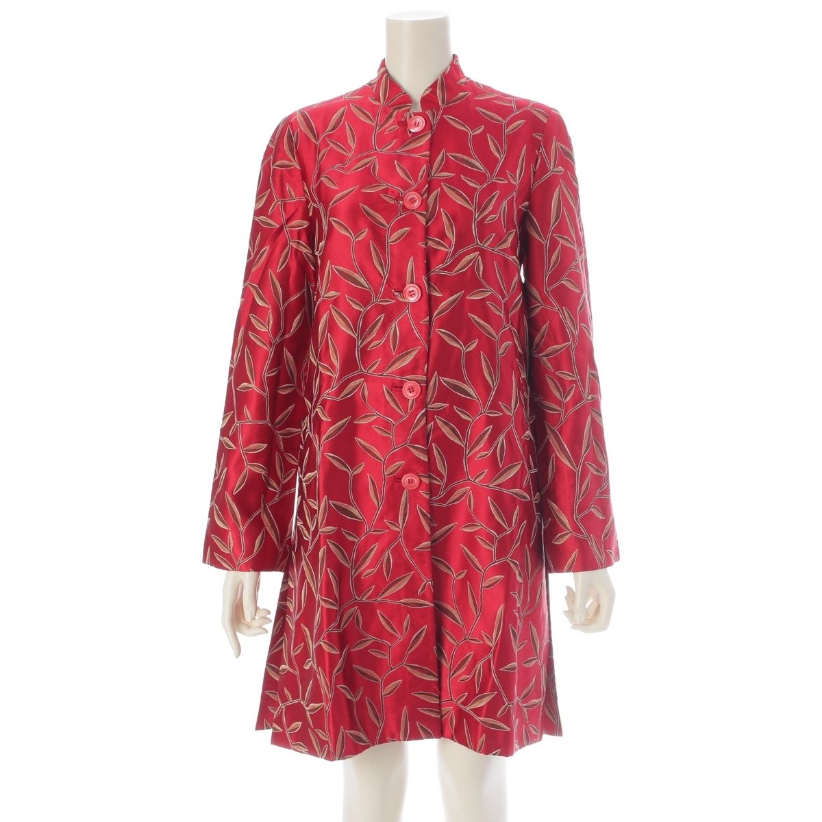 Prada Chinoiserie Jacquard Botanical Mandarin Collar Long Coat Red Multicolor