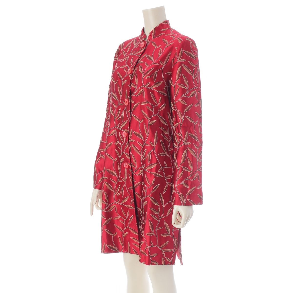 Prada Chinoiserie Jacquard Botanical Mandarin Collar Long Coat Red Multicolor — view 2