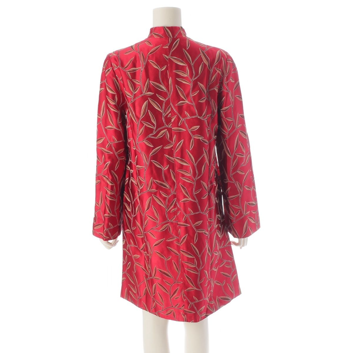 Prada Chinoiserie Jacquard Botanical Mandarin Collar Long Coat Red Multicolor — view 4