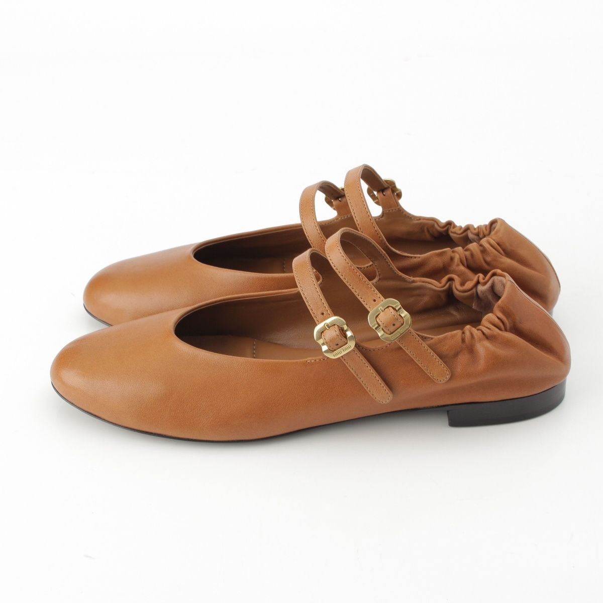Miu Miu Nappa Leather Ruched Flat Shoes Ballet Brown — view 3