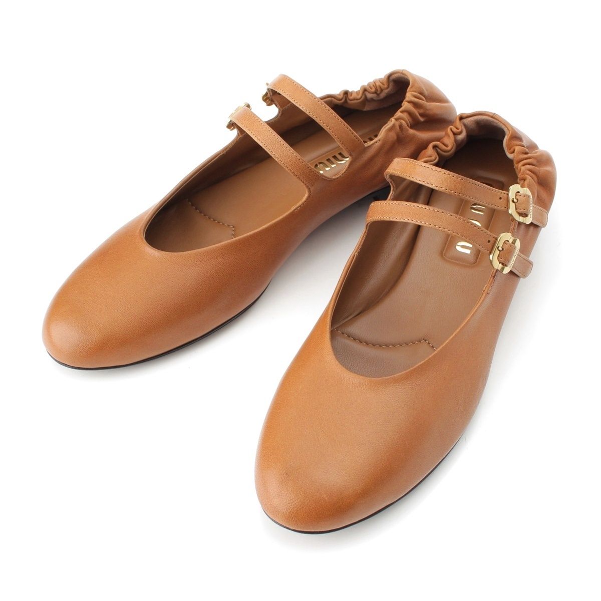 Miu Miu Nappa Leather Ruched Flat Shoes Ballet Brown