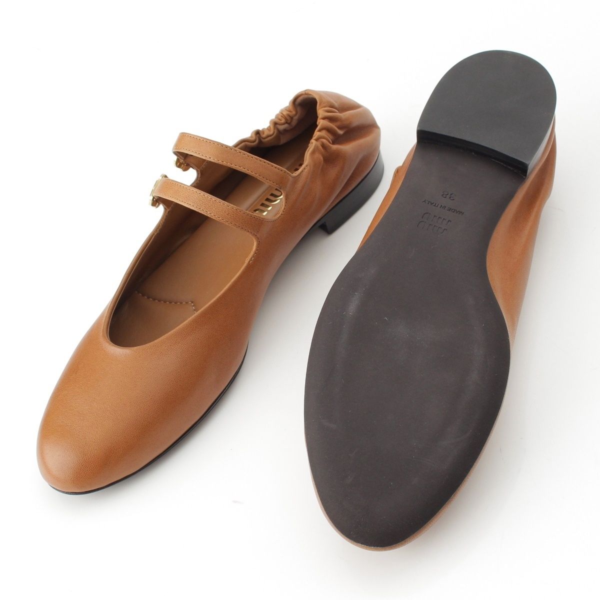 Miu Miu Nappa Leather Ruched Flat Shoes Ballet Brown — view 5